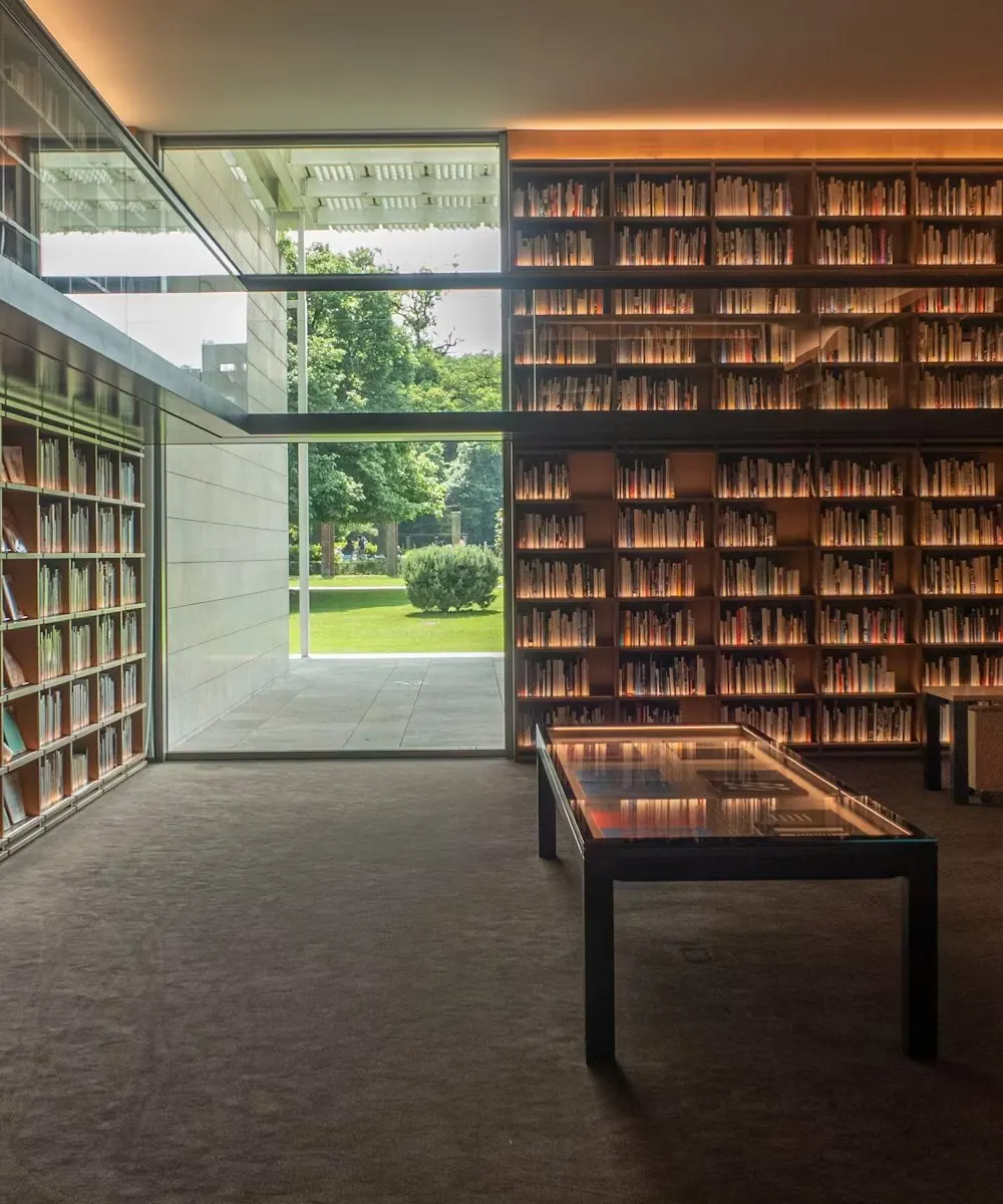 Warm law library interior with floor-to-ceiling bookshelves