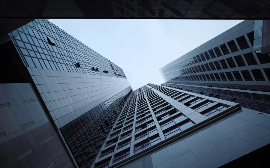 Financial district towers from below